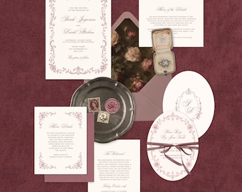 Baroque Burgundy Wedding Invitation Suite | Printable CANVA TEMPLATES | 7 Piece Set Details RSVP