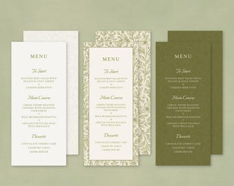 Olive Green 4x9" Menu | Editable Printable CANVA TEMPLATE | Italian Vineyard Wedding | Customizable Layouts, 3 or 4 Courses, 3 Colours