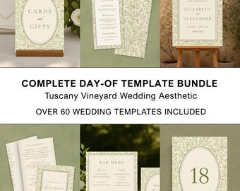 All-In-One Wedding Day Template Bundle | 60+ CANVA TEMPLATES | Elegant Olive Green Tuscany Vineyard Ceremony & Reception Day-of Set