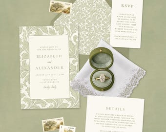 Sage Green Foliage Wedding Invitation Suite | Editable Printable CANVA TEMPLATES