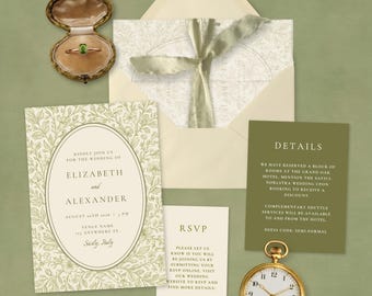 Elegant Olive & Ivory Wedding Invitation Suite | Printable CANVA TEMPLATES | 5 Piece Set Details RSVP | Tuscany Vineyard Style