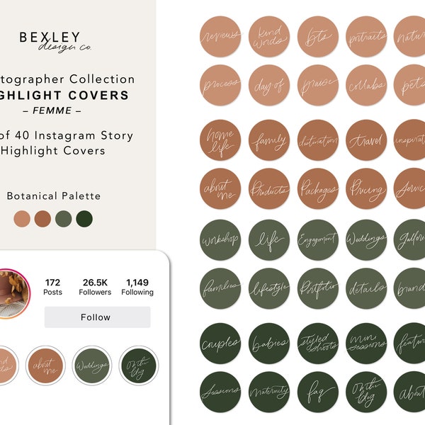 Femme Photographer Collection | 40 Handlettered Instagram Story Highlight Covers | Deluxe Photography Pack in Botanical Palette