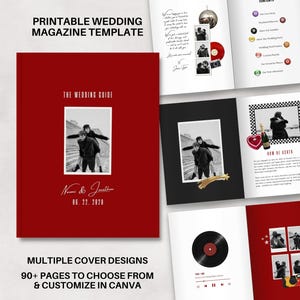 May include: A red wedding magazine template with the text "PRINTABLE WEDDING MAGAZINE TEMPLATE". The cover features a black and white photo of a couple. The magazine includes multiple cover designs and over 90 pages to customize.