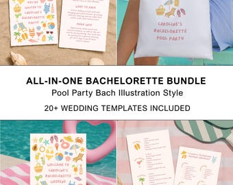 Pool Party Bachelorette Bundle | Printable CANVA TEMPLATES | Cute Illustrations, Invitation, Weekend Itinerary, Games, & More