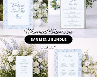 Whimsical Chinoiserie Bar Menu Bundle | Editable CANVA TEMPLATES: Cocktails & Signature Drinks, Wedding Bar Signs