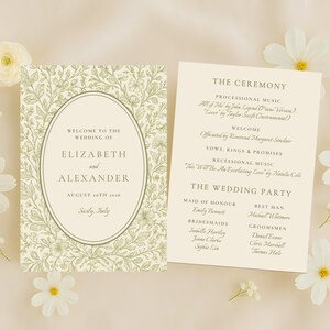 May include: A wedding stationery set with a floral design in green and cream. The invitation includes the names Elizabeth and Alexander, the date, and location. The ceremony program lists the music, officiant, vows, and wedding party.