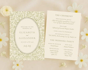 Elegant Olive Wedding Ceremony Program Template | Editable & Printable CANVA TEMPLATE, Double Sided 5x7" Card