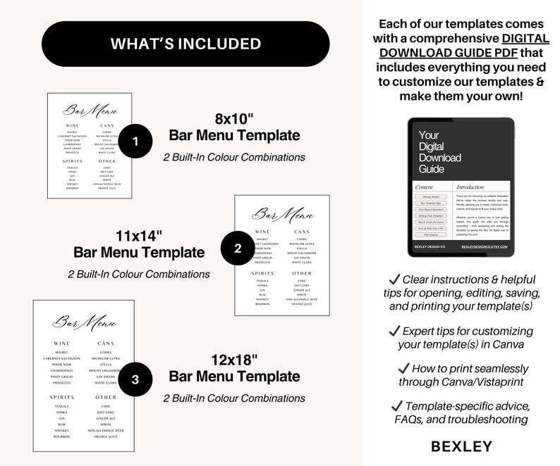 Modern Elegant Bar Menu | Editable CANVA TEMPLATE for Weddings and ...