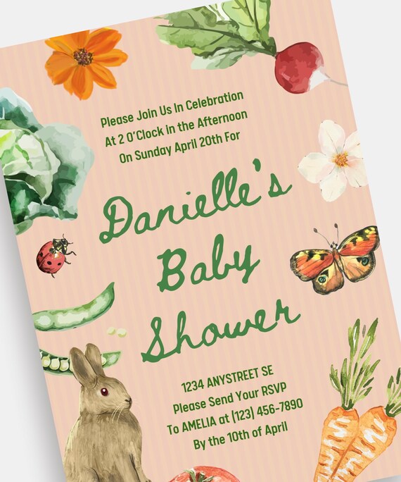 Vegetable Garden Baby Shower Invitation | Watercolor Rabbit (CANVA Template)