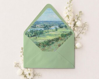 Blue & Green Envelope Liner | Printable CANVA TEMPLATE | 10 Sizes, Green Summer Landscape