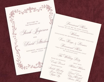 Elegant Wedding Ceremony Program Template | Editable & Printable CANVA TEMPLATE, Double Sided 5x7" Card, Baroque Burgundy Frame