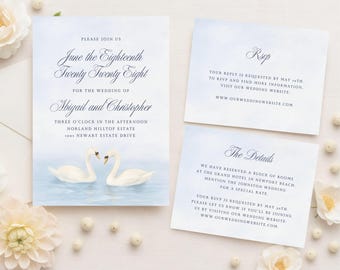 Swan Lake Wedding Invitation Suite | Editable CANVA TEMPLATES | Romantic Details & RSVP Card