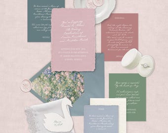 Bridgerton Wedding Invitation Suite | Printable CANVA TEMPLATES | 5 Piece Set Details RSVP | Dusty Rose, Green, Blue