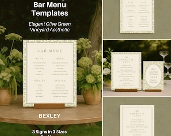 Elegant Olive Bar Menus, Set of 3 Signs, Customizable CANVA TEMPLATES | Signature Cocktails Sign, Organic Green Vineyard Wedding Bar Menus
