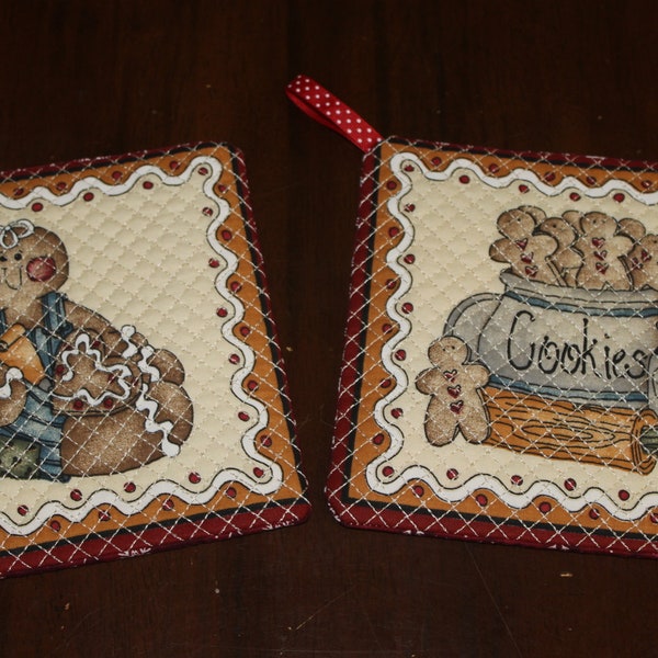 NEW Lot of 2 Handmade Pot Holders - Christmas Holiday Gingerbread Themed with Red Snowflake Backing - Ginger Cookies & Gingerbread Girl