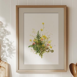 Watercolor Ferns and Wildflower Art Print: Expressive Nature Decor