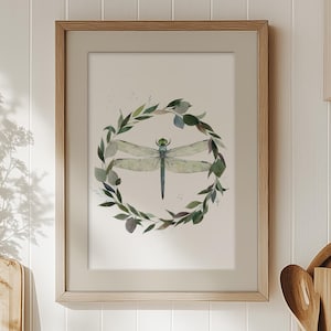 Dragonfly Watercolor Art Print: Eucalyptus Wreath, Nature-Inspired Wall Decor