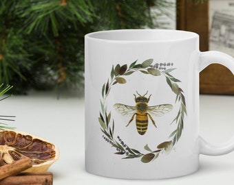 Honey Bee with Floral Wreath Mug, Watercolor Art Coffee Mug, Tea Mug, Gifts for Her & Him, Housewarming Gift, Christmas Gift, Bee Gift