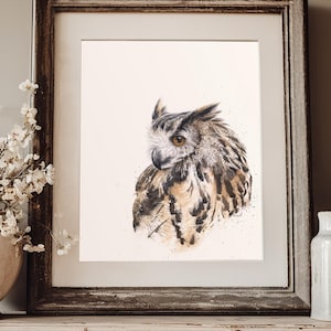 Eurasian Eagle Owl Watercolor Print: Realistic Wildlife Art