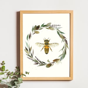 Honey Bee with Floral Wreath Watercolor Painting - Bee Lover - Nature Art Print - Wildlife Illustration - Nursery Wall Art - Bumble Bee Art