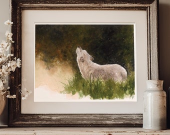 May include: A framed watercolour painting of a wolf howling at the moon in a woodland setting. The wolf is white and the background is a dark green with a hint of orange.