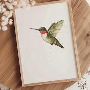 Ruby-Throated Hummingbird Watercolor Art Print: Lifelike Bird Illustration