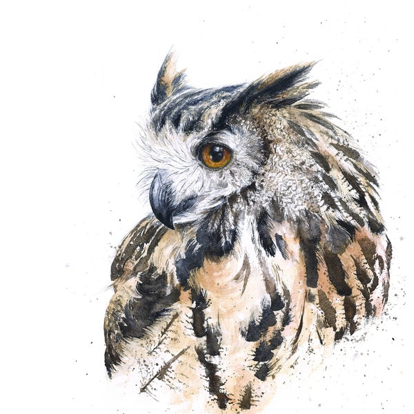 Eagle Owl Watercolor Painting - Realistic Nature Print - Woodland Owl Art - Wildlife Illustration - Dorm Decor - Wall Art