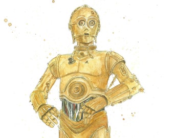 C3PO Watercolor Illustration - Star Wars Print - Dorm Decor - Nursery Wall Art - Sci-fi Gifts for Him - Father's Day Gift