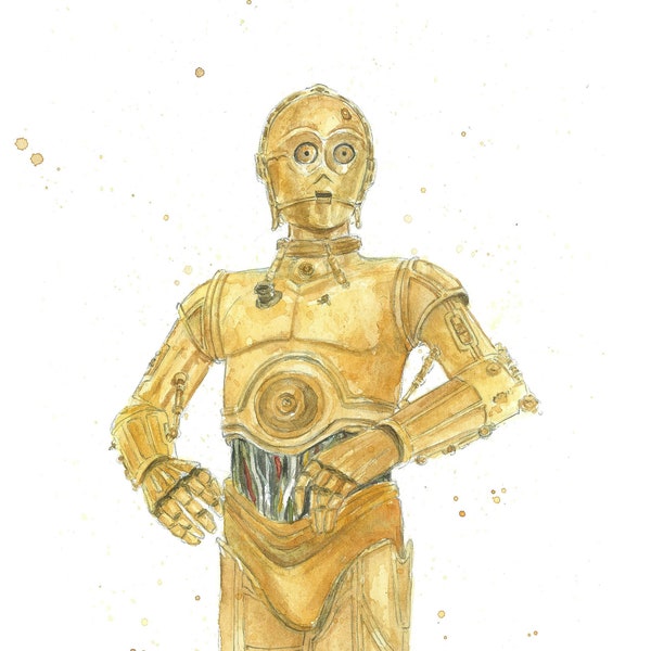 C3PO Watercolor Illustration - Star Wars Print - Dorm Decor - Nursery Wall Art - Sci-fi Gifts for Him - Father's Day Gift