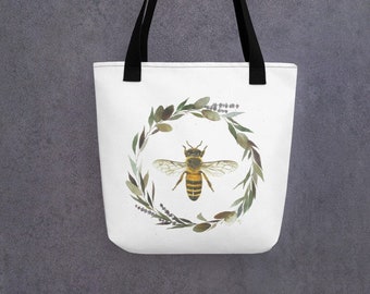 Honeybee with Floral Wreath Tote bag - Nature Art - Wildlife Art - Bumble Bee bag