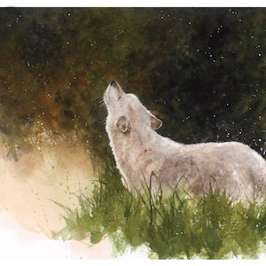 White Wolf Watercolor Painting - Howling Wolf Art - Nature Art Print - Woodland Animal - Wildlife Illustration - Cabin Decor