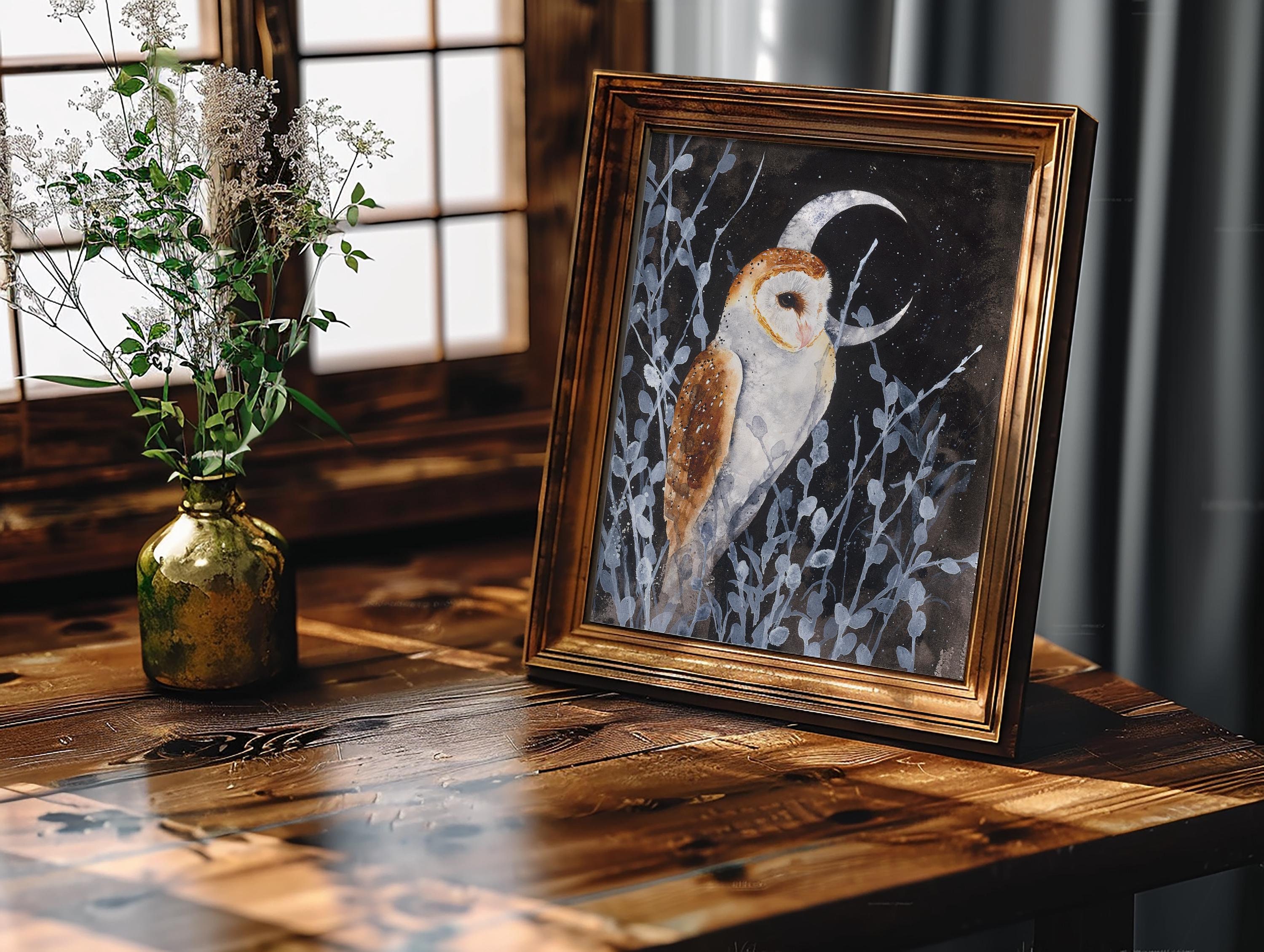 Barn Owl Watercolor Art Print: Crescent Moon, Dark Academia Decor