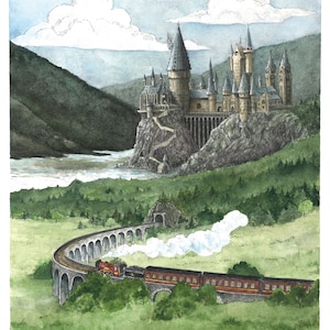 Fantasy Castle Watercolor Painting - Magic Watercolor Print - Wizarding School - Express Train Illustration