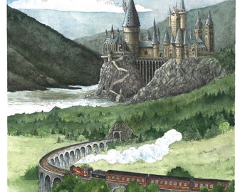 Fantasy Castle Watercolor Painting - Magic Watercolor Print - Wizarding School - Express Train Illustration