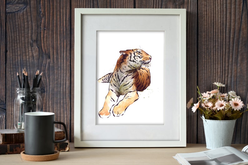 Siberian Tiger Watercolor Painting Nature Print Woodland Animal Wildlife Illustration Dorm Decor Nursery Wall Art image 3