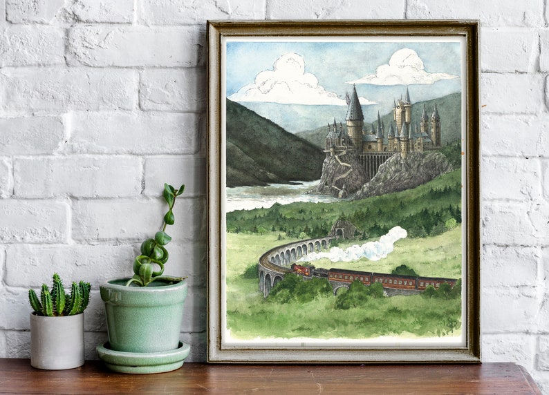 Hogwarts Castle Watercolor Painting Harry Potter Art Print Nursery Wall Decor Hogwarts Express