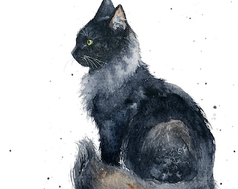 Cat Watercolor Painting - Black Cat Print - Long Haired Kitty - Animal Art - Cat Illustration - Dorm Decor - Wall Art - Gift for Cat Lover