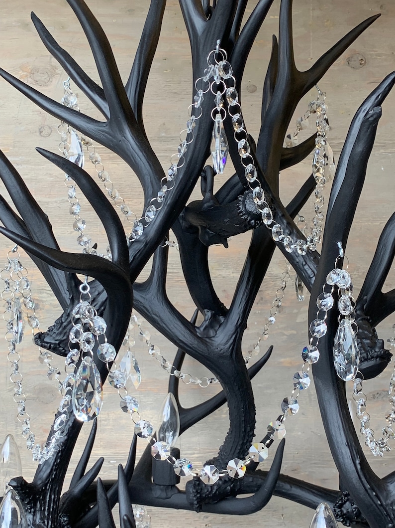 Matte Black Crystal & Antler Chandelier, Hand Crafted Using Naturally ...