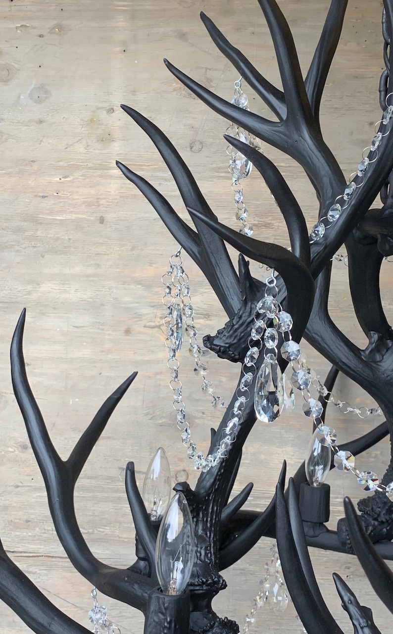 Matte Black Crystal & Antler Chandelier, Hand Crafted Using Naturally ...