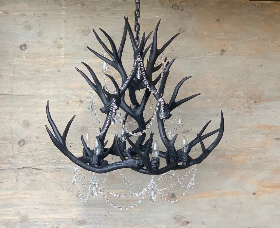 Matte Black Crystal & Antler Chandelier, Hand Crafted Using Naturally ...