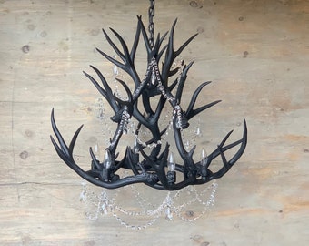 Matte Black Crystal & Antler Chandelier