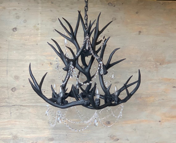 Matte Black Crystal Antler Chandelier Hand Crafted Using