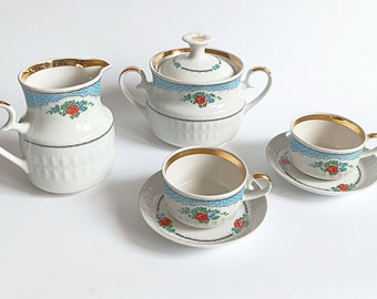 Antique coffee set 70s Red rose White and blue porcelain coffee set with sugar bowl and creamer Vintage espupresso cups