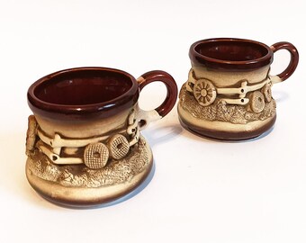 Ceramic coffee mugs Set of 2 Vintage clay cups Stoneware mugs Milk mug Handmade Unique gift friend New home gift Kitchen rustic ceramics