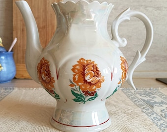 vase / théière ukrainien vintage, porcelaine nacre, vase à fleurs en céramique, motif floral, décoration cottagecore, décoration rare, cadeau pour maman