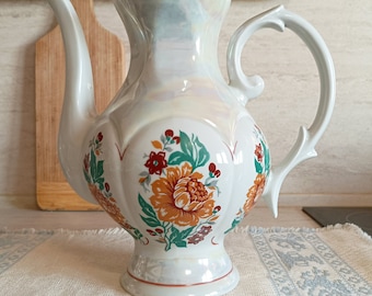 Grande théière/vase ukrainienne en porcelaine nacre vintage Théière avec fleurs Décoration de cuisine Ancienne grande théière Motif floral Cadeau maman