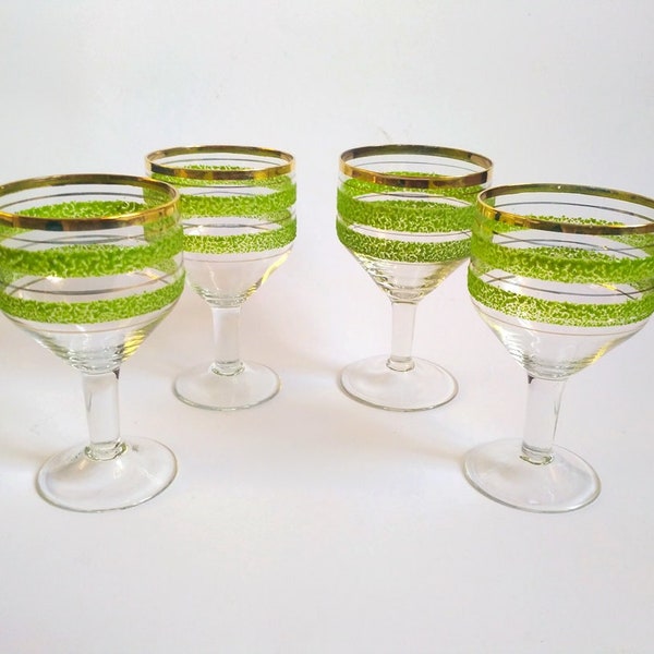 4 Antique green goblets Striped wine glasses 70s Vintage cocktail glasses Set of 4 Champagne flutes Water goblet Unique Gift idea for him