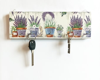 Wooden lavender key holder Handmade White farmhouse wall organizer Wall-mounted key hanger Wood necklace holder Entryway display Gift her