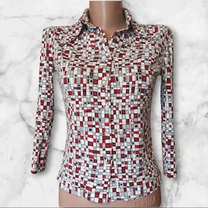 Y2K Checkered Button-Down Shirt, Pink Gray White Fitted 3/4 Sleeve Viscose Blouse, Vintage Stretch Top