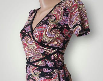 Y2K paisley wrap top Pink purple Cotton v-neck blouse Black trim Vintage 2000s Fitted summer t-shirt Fairy grunge clothing, XS–S